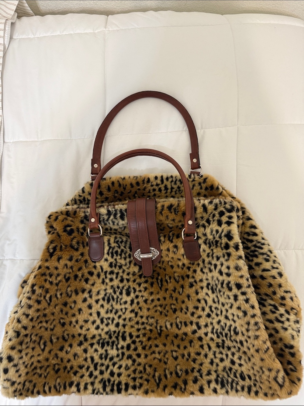 Raviani Leopard Print Faux Fur Overnight Weekender with Leather handles